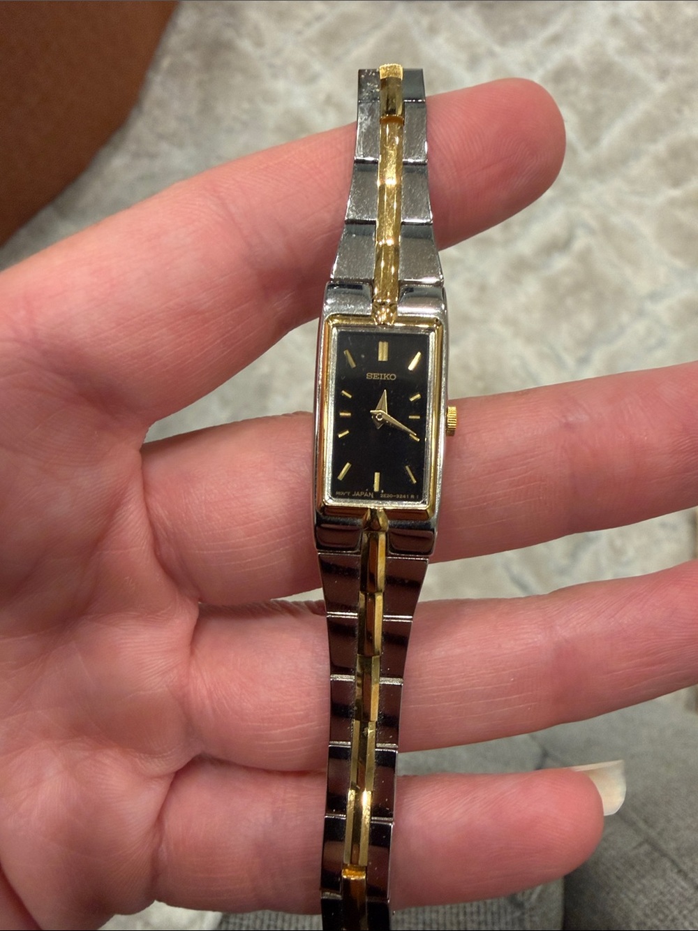 Vintage Seiko Gold and Black Women's Two-Tone Rectangle Dial Bracelet Watch